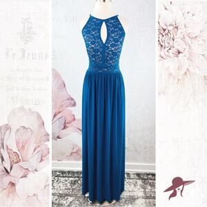 Morgan & Co. long blue dress with lace bodice sequins keyhole front Size 7/8